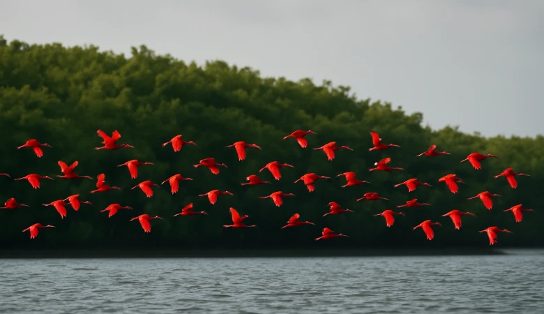 Revoada dos Guarás (Eudocimus ruber) no Delta do Parnaíba no Piauí