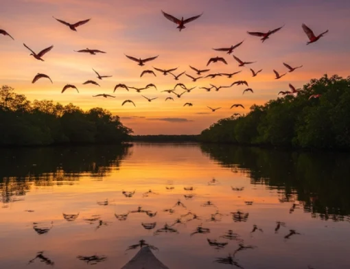 Guia do Delta do Parnaíba, Piauí, com a Revoada dos Guarás ao fundo.