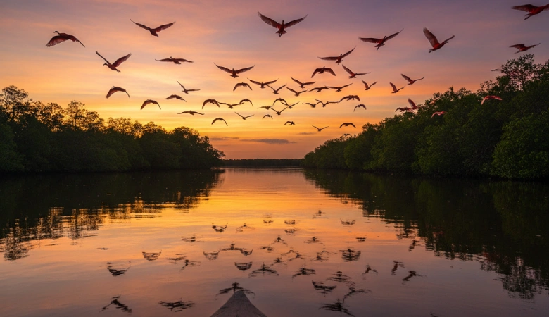 Guia do Delta do Parnaíba, Piauí, com a Revoada dos Guarás ao fundo.