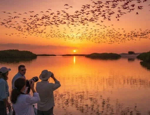 Revoada de guarás ao entardecer, com o céu cheio de aves vermelhas e o sol se pondo no horizonte.