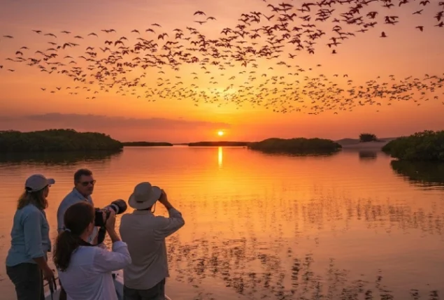 Revoada de guarás ao entardecer, com o céu cheio de aves vermelhas e o sol se pondo no horizonte.