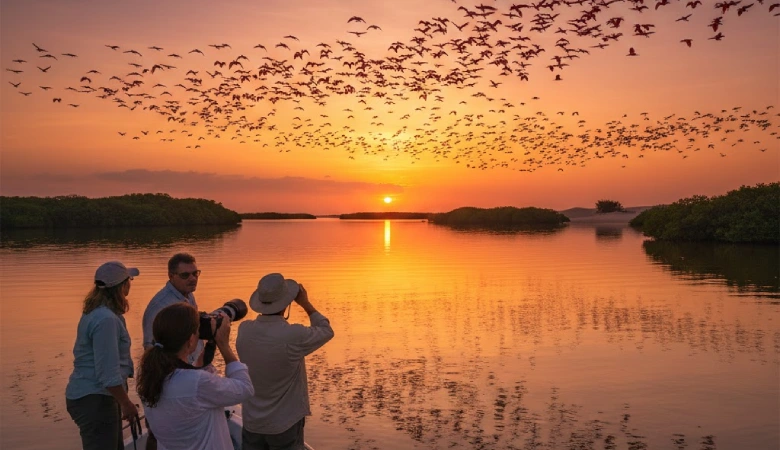 Revoada de guarás ao entardecer, com o céu cheio de aves vermelhas e o sol se pondo no horizonte.