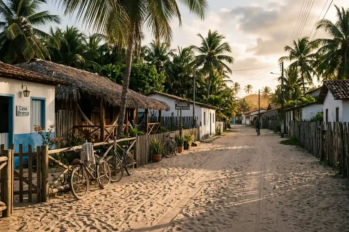 Rua de areia do centrinho de Barra Grande com casas baixas e bicicletas