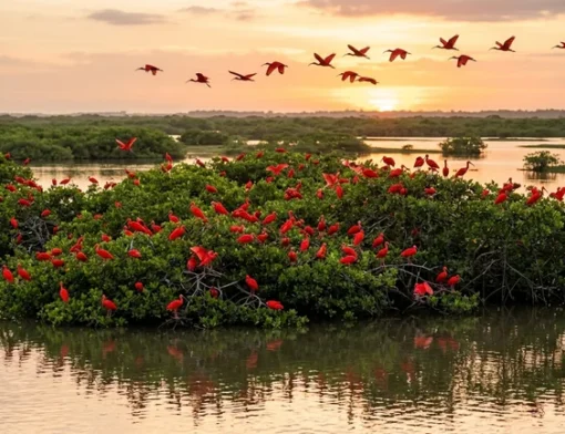 Espetáculo de bando de guarás de plumagem vermelha escarlate pousados e sobrevoando copas verdes de manguezal em ilha fluvial sob céu de entardecer