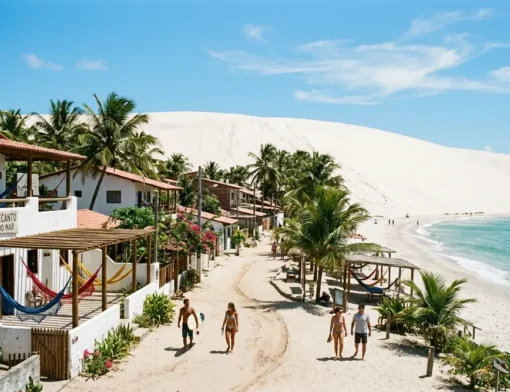 Vista de vila litorânea rústica com ruas de areia, pousadas com redes, coqueiros e grande duna de areia ao fundo diante do mar azul