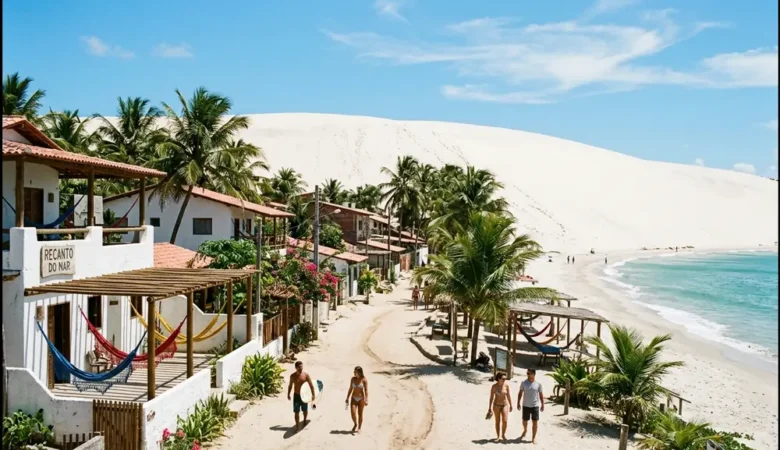 Vista de vila litorânea rústica com ruas de areia, pousadas com redes, coqueiros e grande duna de areia ao fundo diante do mar azul