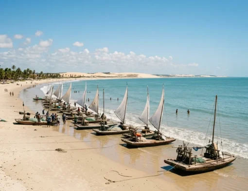 Vista panorâmica de praia de areia clara com mar calmo e jangadas tradicionais de vela na faixa de areia sob céu ensolarado