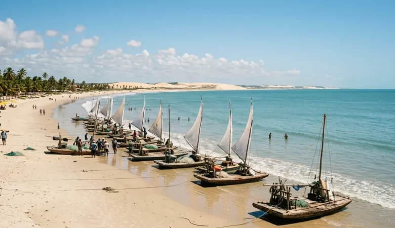 Vista panorâmica de praia de areia clara com mar calmo e jangadas tradicionais de vela na faixa de areia sob céu ensolarado