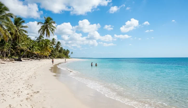 Praia paradisíaca de areia branca banhada por mar azul cristalino, coqueiros inclinados e maré calma sob luz solar radiante