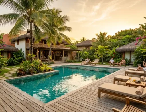 Piscina de águas cristalinas de pousada de charme cercada por deck de madeira, espreguiçadeiras e jardim tropical com coqueiros sob luz suave de entardecer