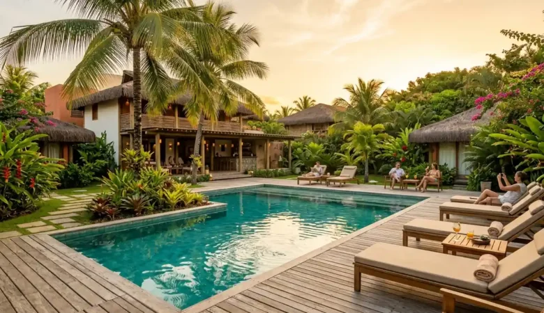 Piscina de águas cristalinas de pousada de charme cercada por deck de madeira, espreguiçadeiras e jardim tropical com coqueiros sob luz suave de entardecer