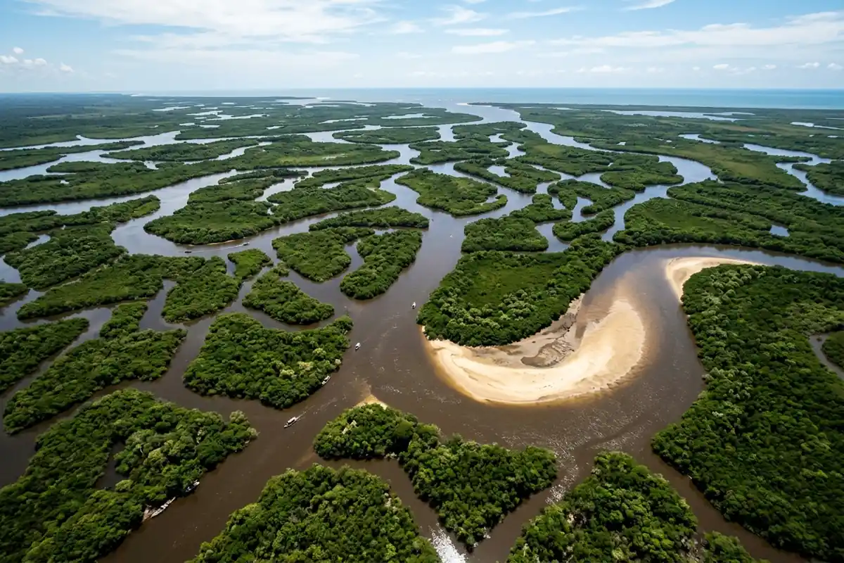 Vista aérea das ilhas e canais do Delta do Parnaíba vistos de cima