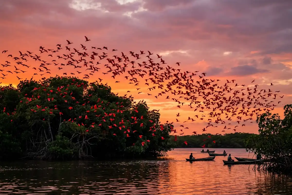 Guarás vermelhos pousando no mangue do Delta do Parnaíba ao entardecer