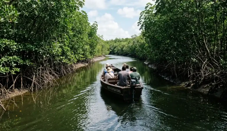 Barco do passeio Delta do Parnaíba navegando entre os igarapés de mangue