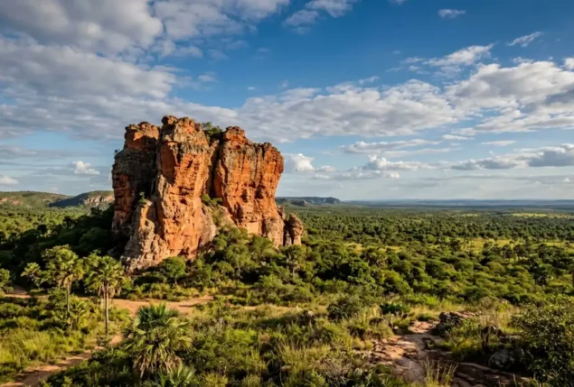 Formação rochosa e planície do cerrado piauiense, entre os pontos turísticos do Piauí