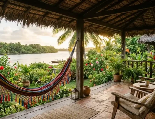 Varanda de pousada em Barreirinhas com vista para o rio Preguiças ao entardecer
