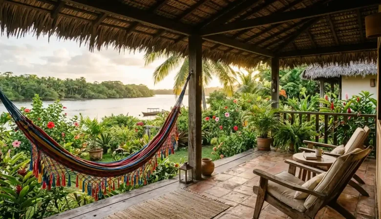 Varanda de pousada em Barreirinhas com vista para o rio Preguiças ao entardecer
