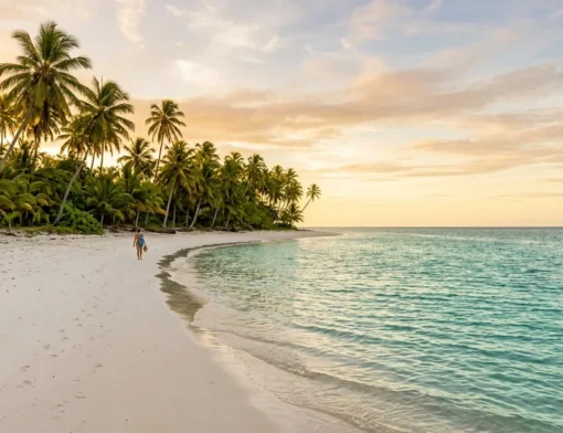 Praia paradisíaca tropical com mar cristalino esmeralda calmo, areia clara, coqueirais e clima festivo de fim de ano ao entardecer