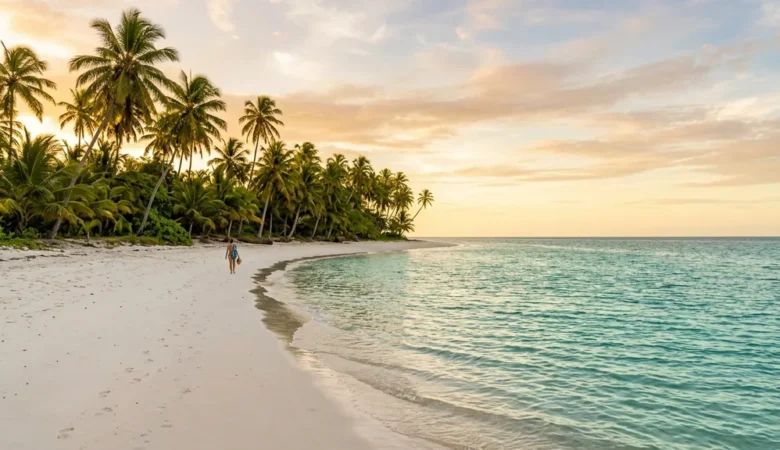 Praia paradisíaca tropical com mar cristalino esmeralda calmo, areia clara, coqueirais e clima festivo de fim de ano ao entardecer
