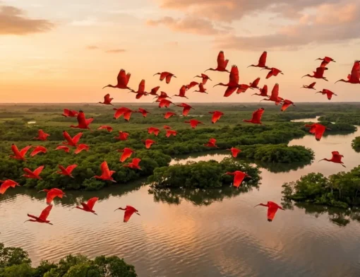 Bando de aves guarás de plumagem vermelha intensa sobrevoando copas verdes de manguezal e rio largo ao entardecer sob luz dourada