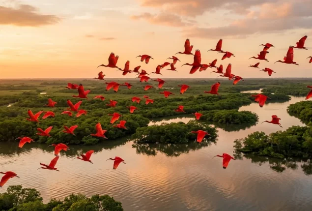 Bando de aves guarás de plumagem vermelha intensa sobrevoando copas verdes de manguezal e rio largo ao entardecer sob luz dourada