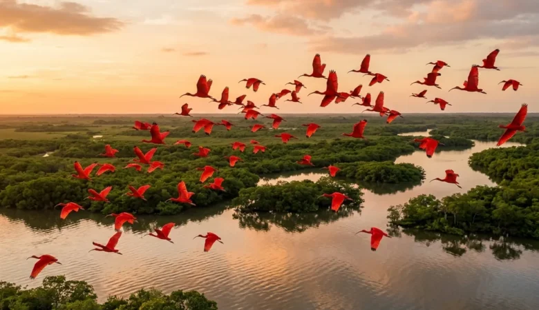 Bando de aves guarás de plumagem vermelha intensa sobrevoando copas verdes de manguezal e rio largo ao entardecer sob luz dourada
