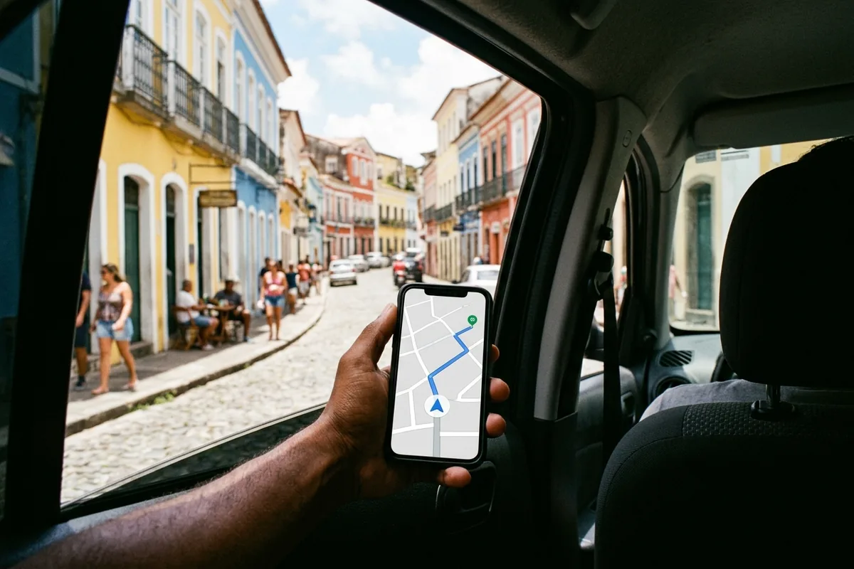 Celular com mapa de navegação aberto dentro de um carro em Parnaíba