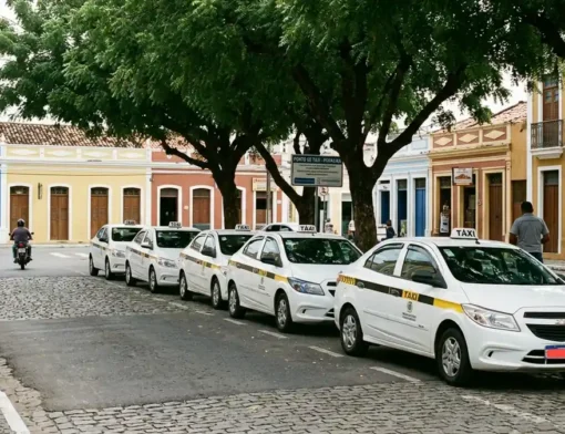 Táxis brancos com faixa amarela estacionados em fila numa rua de paralelepípedo, com casario colorido e árvores ao fundo
