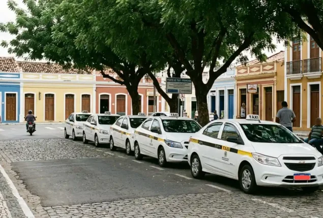Táxis brancos com faixa amarela estacionados em fila numa rua de paralelepípedo, com casario colorido e árvores ao fundo