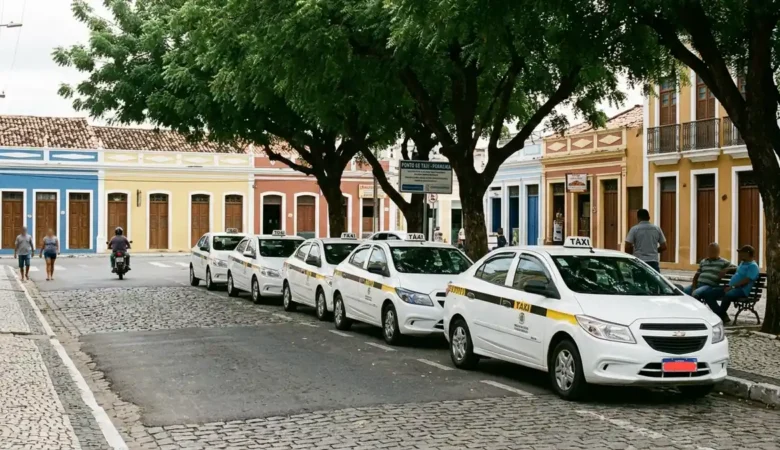 Táxis brancos com faixa amarela estacionados em fila numa rua de paralelepípedo, com casario colorido e árvores ao fundo